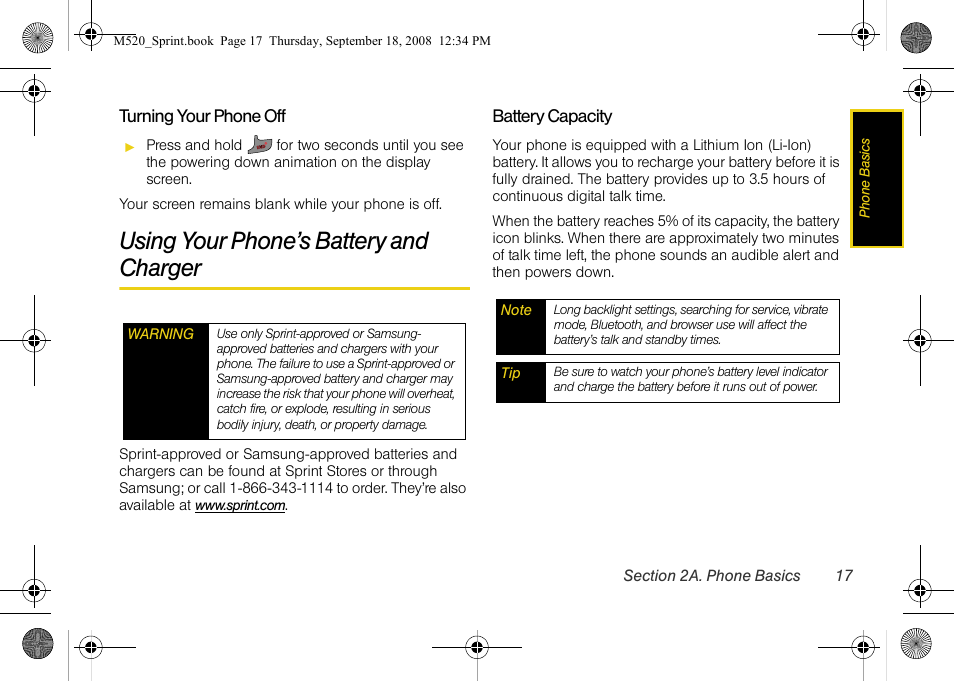 Using your phone’s battery and charger | Sprint Nextel M520 User Manual | Page 33 / 199