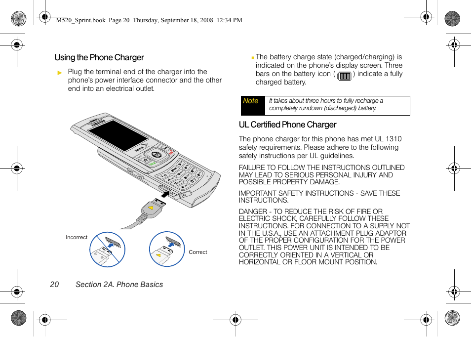 Using the phone charger, Ul certified phone charger | Sprint Nextel M520 User Manual | Page 36 / 199