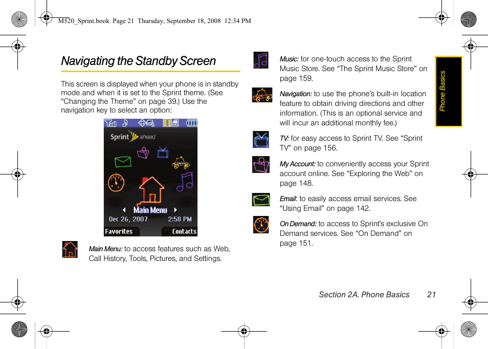 Navigating the standby screen | Sprint Nextel M520 User Manual | Page 37 / 199