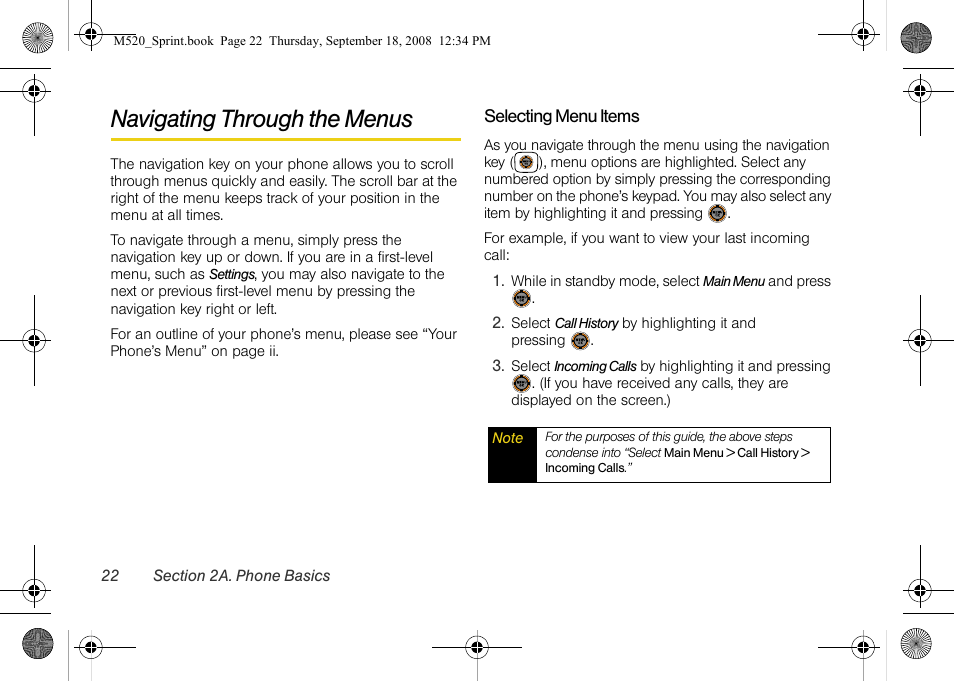 Navigating through the menus | Sprint Nextel M520 User Manual | Page 38 / 199