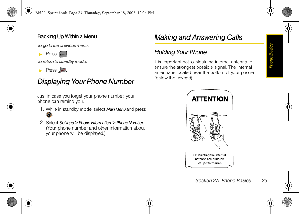 Displaying your phone number, Making and answering calls, Holding your phone | Sprint Nextel M520 User Manual | Page 39 / 199