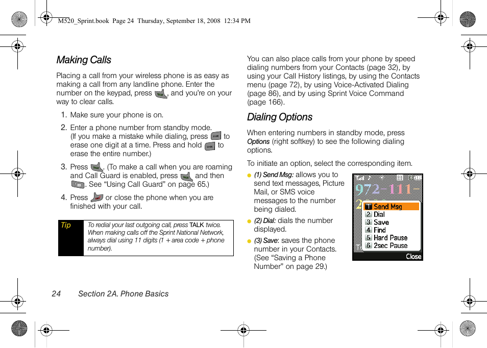 Making calls, Dialing options | Sprint Nextel M520 User Manual | Page 40 / 199