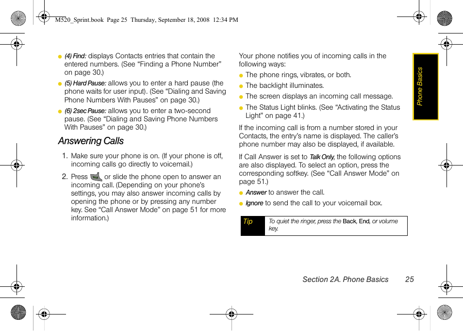 Answering calls | Sprint Nextel M520 User Manual | Page 41 / 199