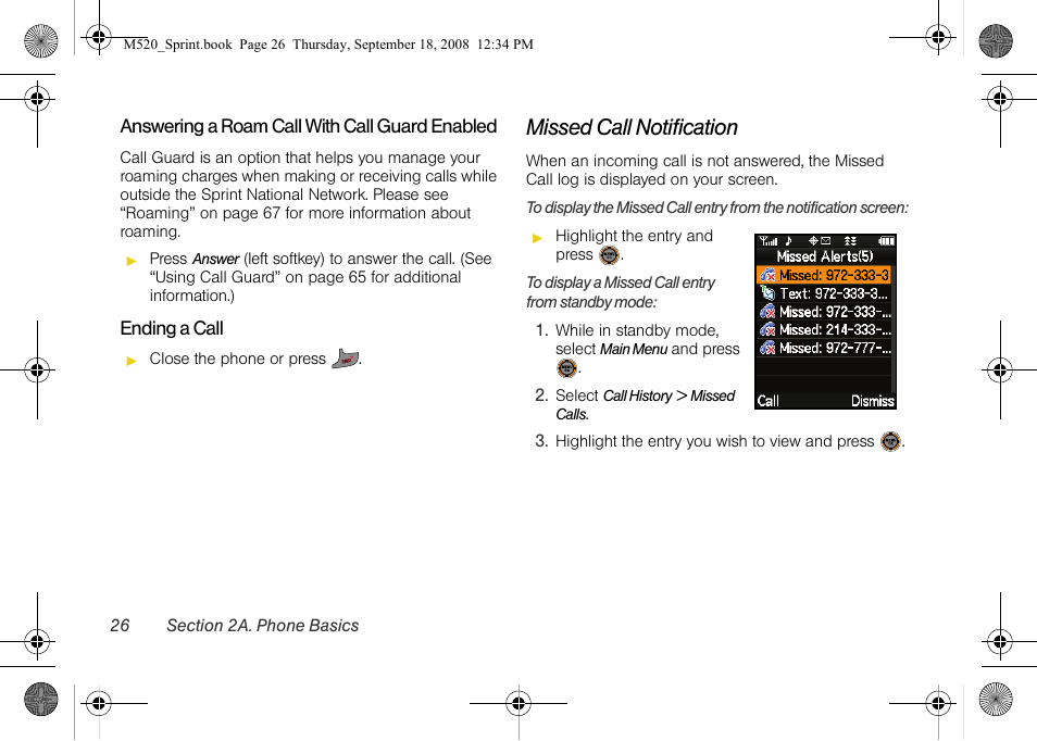 Missed call notification | Sprint Nextel M520 User Manual | Page 42 / 199