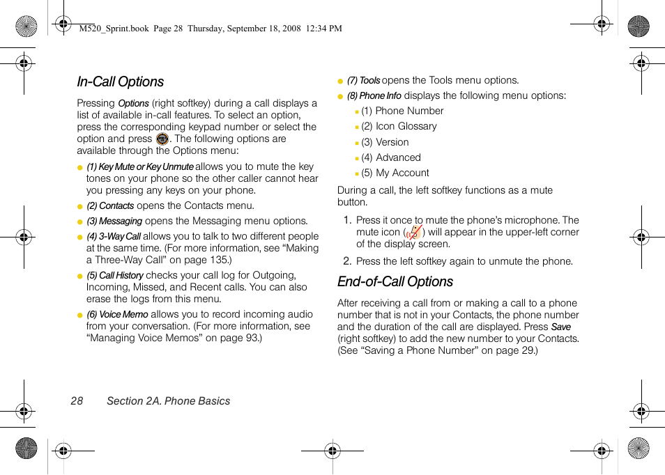 In-call options, End-of-call options | Sprint Nextel M520 User Manual | Page 44 / 199