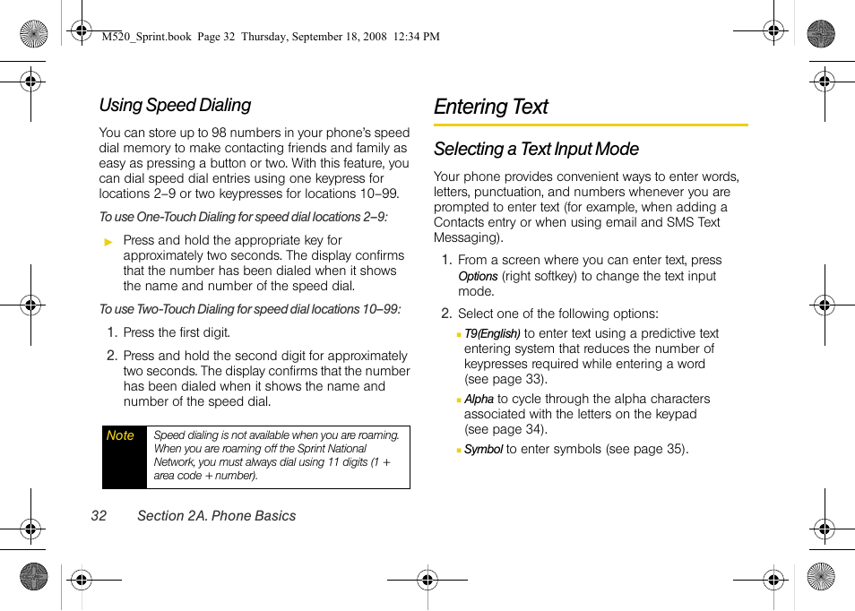 Using speed dialing, Entering text, Selecting a text input mode | Sprint Nextel M520 User Manual | Page 48 / 199