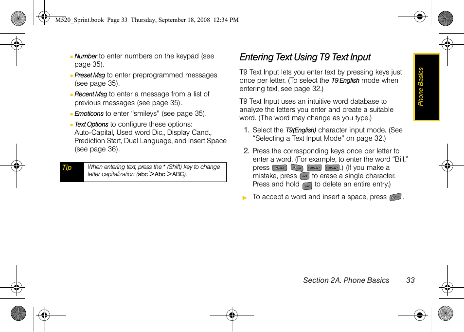 Entering text using t9 text input | Sprint Nextel M520 User Manual | Page 49 / 199