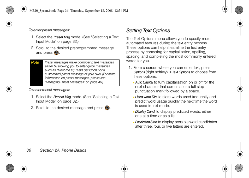 Setting text options, See “setting text | Sprint Nextel M520 User Manual | Page 52 / 199