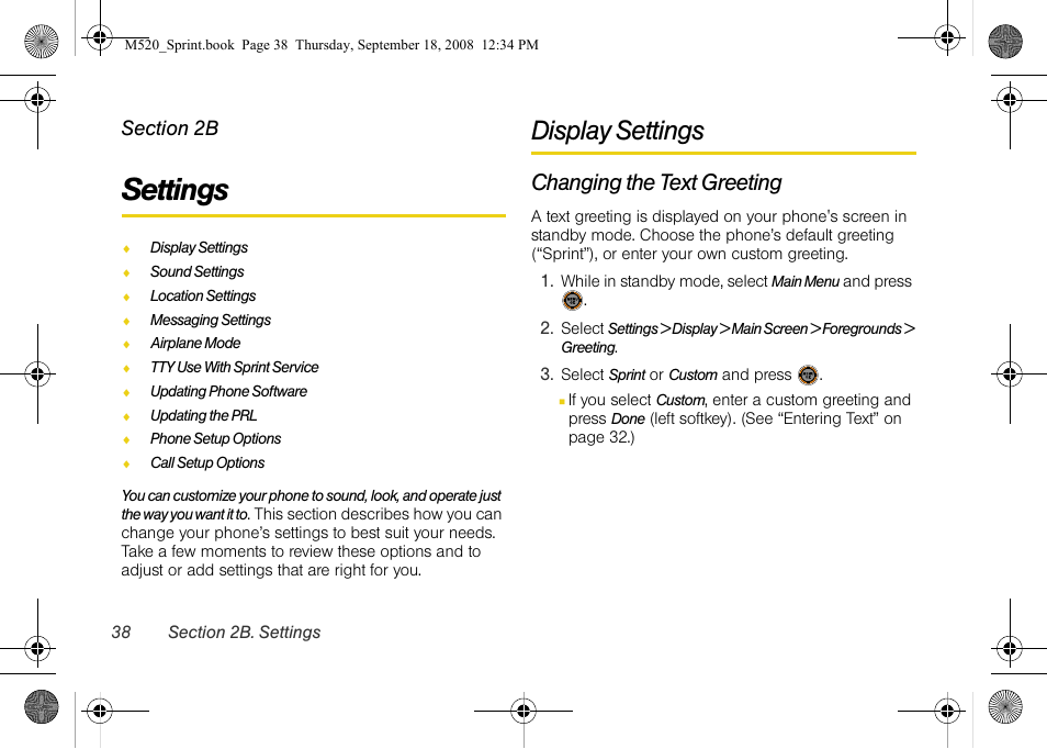 Settings, Display settings, Changing the text greeting | 2b. settings | Sprint Nextel M520 User Manual | Page 54 / 199