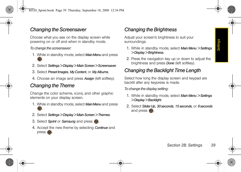 Changing the screensaver, Changing the theme, Changing the brightness | Changing the backlight time length | Sprint Nextel M520 User Manual | Page 55 / 199