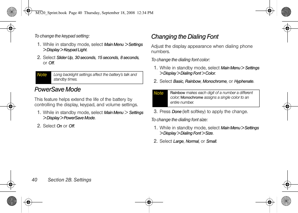 Powersave mode, Changing the dialing font | Sprint Nextel M520 User Manual | Page 56 / 199