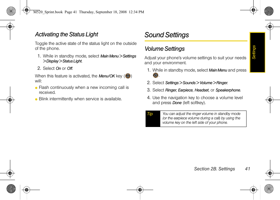 Activating the status light, Sound settings, Volume settings | Sprint Nextel M520 User Manual | Page 57 / 199