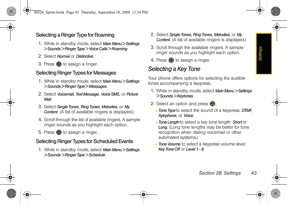 Selecting a key tone | Sprint Nextel M520 User Manual | Page 59 / 199