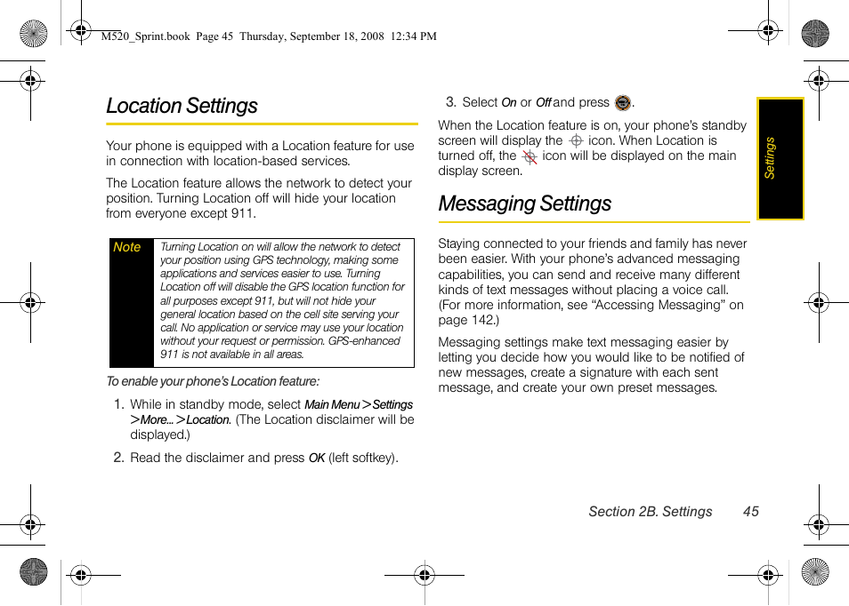 Location settings, Messaging settings | Sprint Nextel M520 User Manual | Page 61 / 199