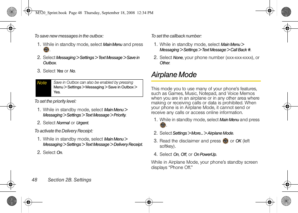 Airplane mode | Sprint Nextel M520 User Manual | Page 64 / 199