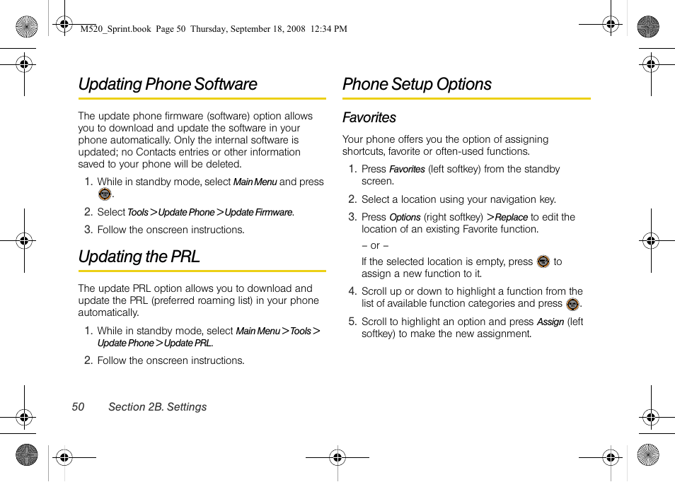 Updating phone software, Updating the prl, Phone setup options | Favorites | Sprint Nextel M520 User Manual | Page 66 / 199