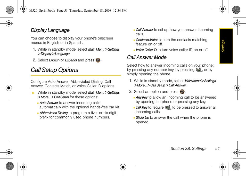 Display language, Call setup options, Call answer mode | Sprint Nextel M520 User Manual | Page 67 / 199