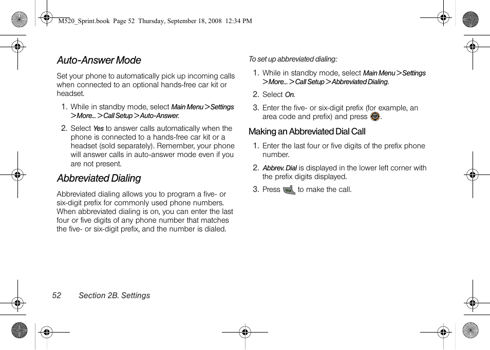 Auto-answer mode, Abbreviated dialing | Sprint Nextel M520 User Manual | Page 68 / 199