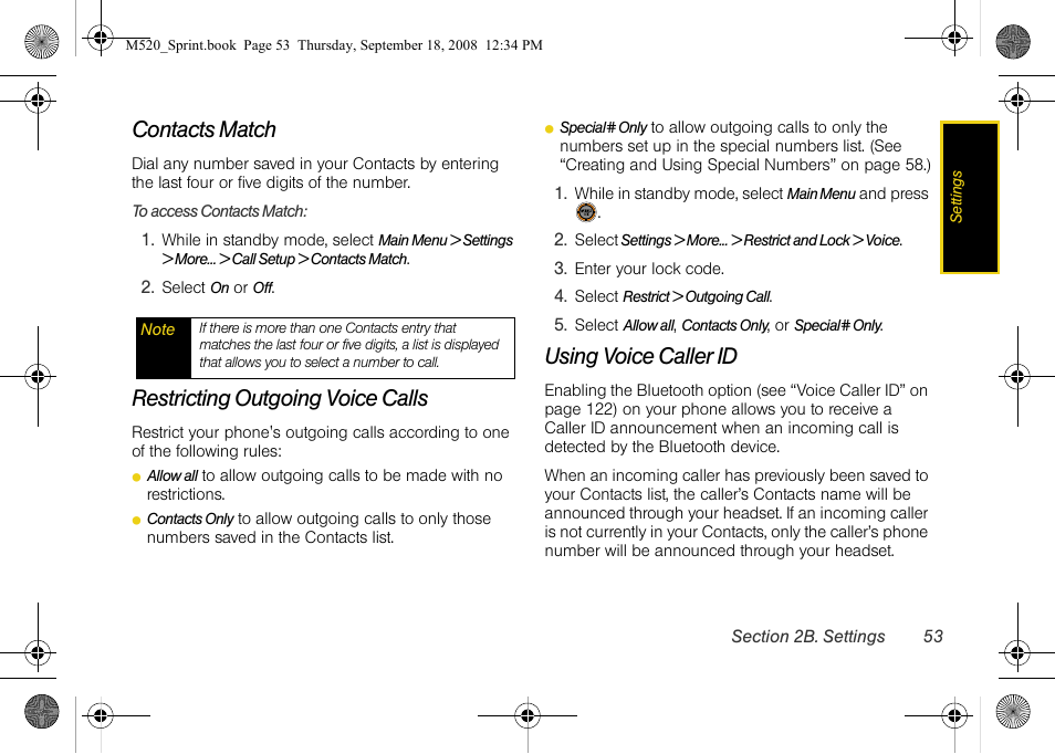 Contacts match, Restricting outgoing voice calls, Using voice caller id | Sprint Nextel M520 User Manual | Page 69 / 199