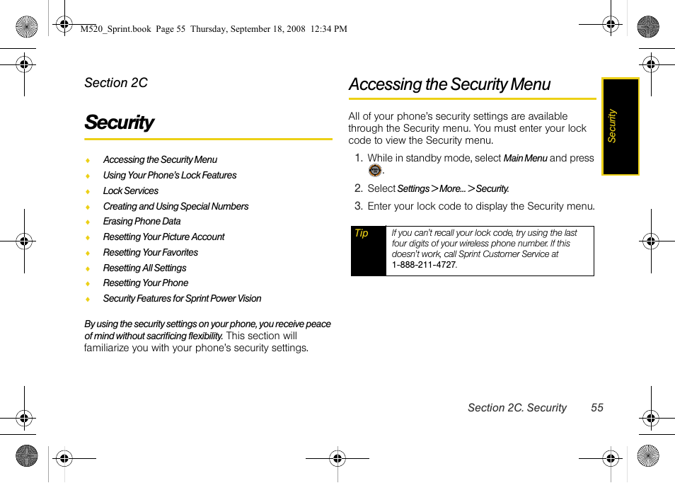 Security, Accessing the security menu, 2c. security | Sprint Nextel M520 User Manual | Page 71 / 199