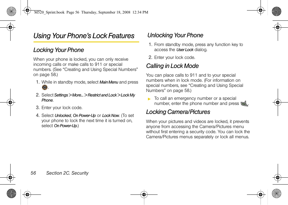 Using your phone’s lock features, Locking your phone, Unlocking your phone | Calling in lock mode, Locking camera/pictures | Sprint Nextel M520 User Manual | Page 72 / 199