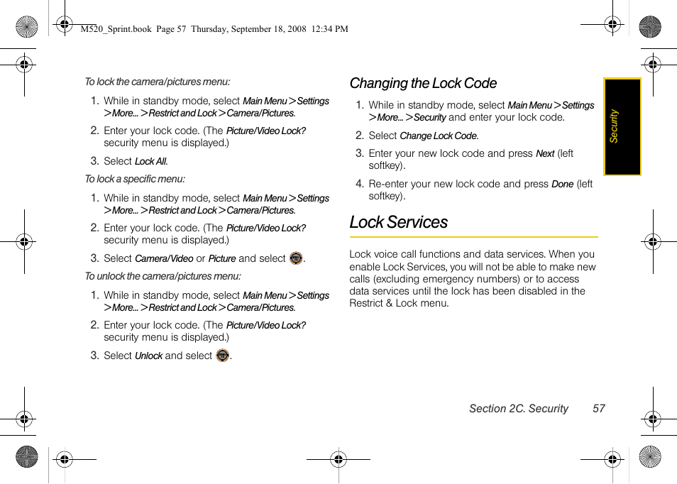 Changing the lock code, Lock services | Sprint Nextel M520 User Manual | Page 73 / 199