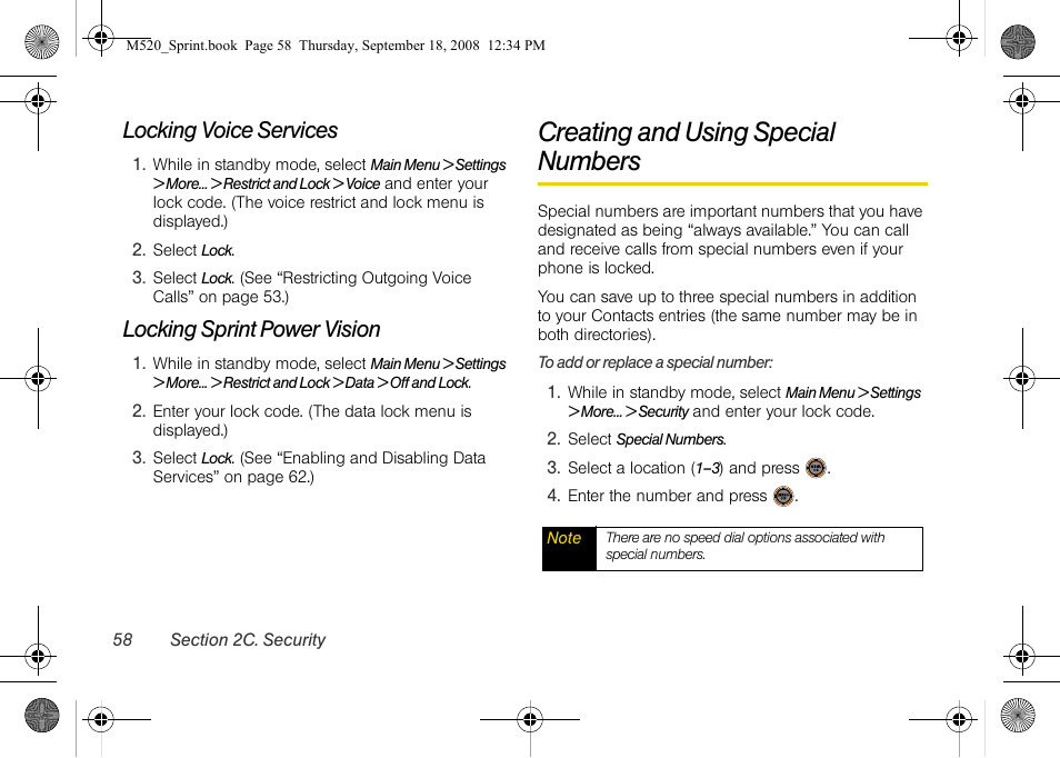 Locking voice services, Locking sprint power vision, Creating and using special numbers | Sprint Nextel M520 User Manual | Page 74 / 199