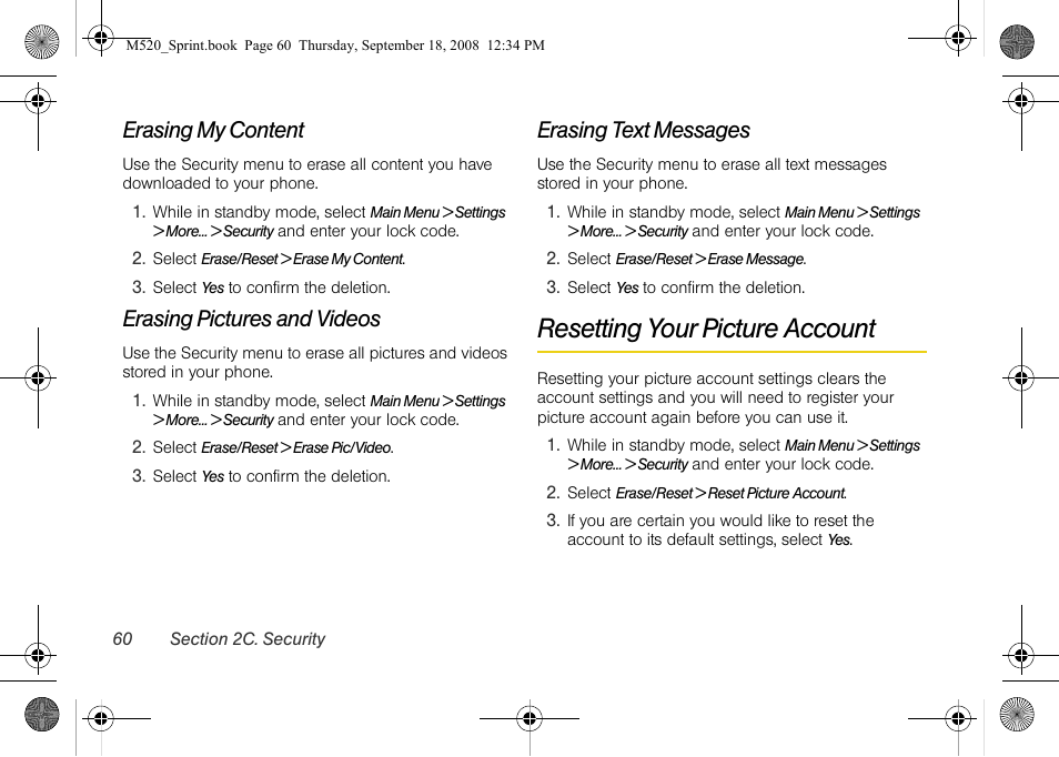 Erasing my content, Erasing pictures and videos, Erasing text messages | Resetting your picture account | Sprint Nextel M520 User Manual | Page 76 / 199