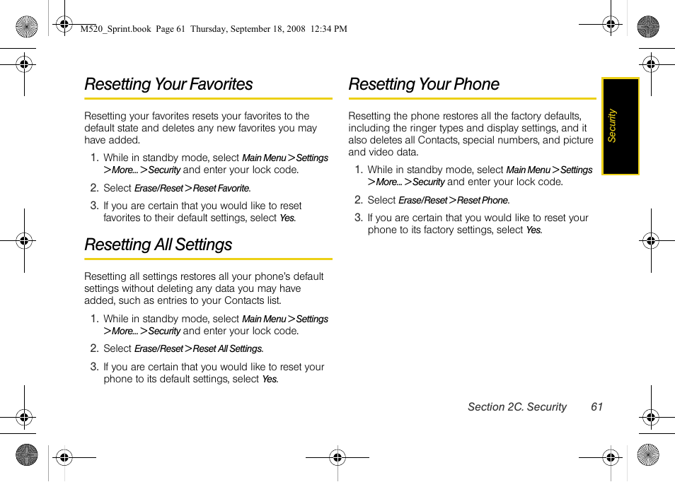 Resetting your favorites, Resetting all settings, Resetting your phone | Sprint Nextel M520 User Manual | Page 77 / 199