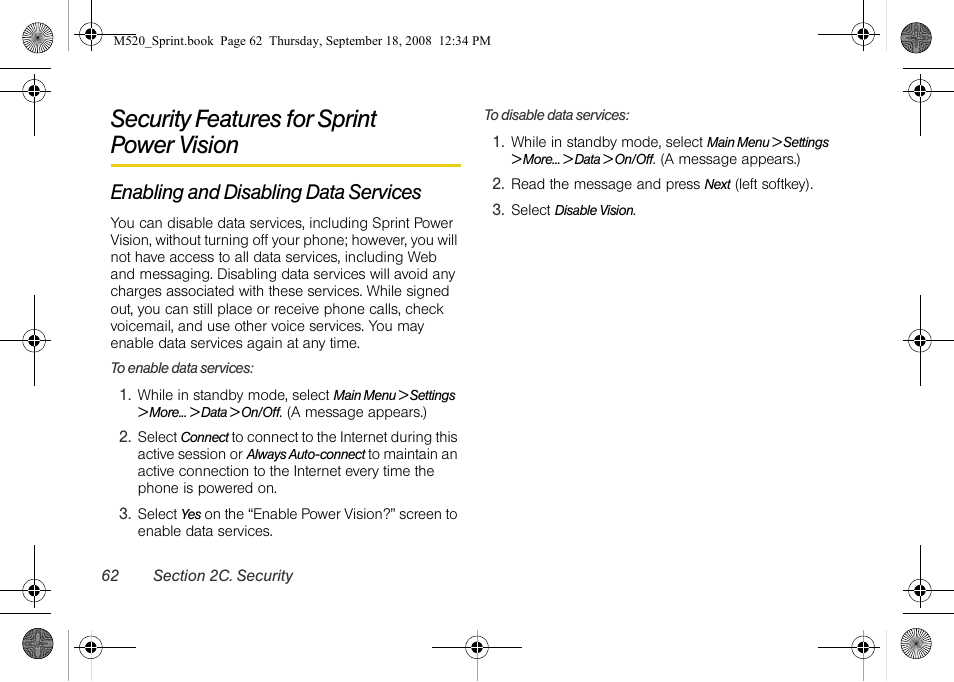 Security features for sprint power vision, Enabling and disabling data services, See “enabling and disabling data | Security features for sprint, Power vision | Sprint Nextel M520 User Manual | Page 78 / 199