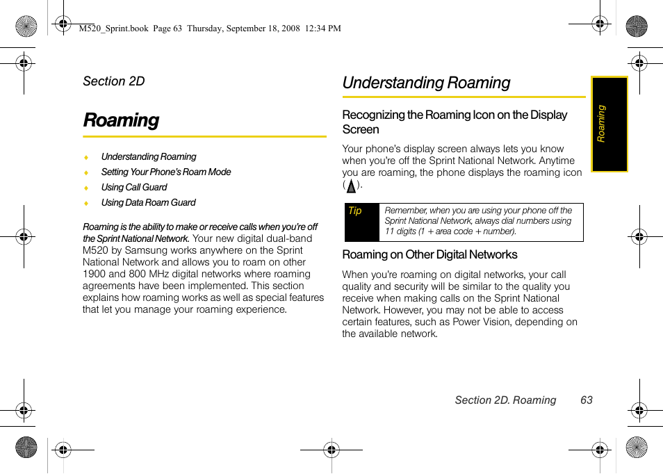 Roaming, Understanding roaming, 2d. roaming | Sprint Nextel M520 User Manual | Page 79 / 199