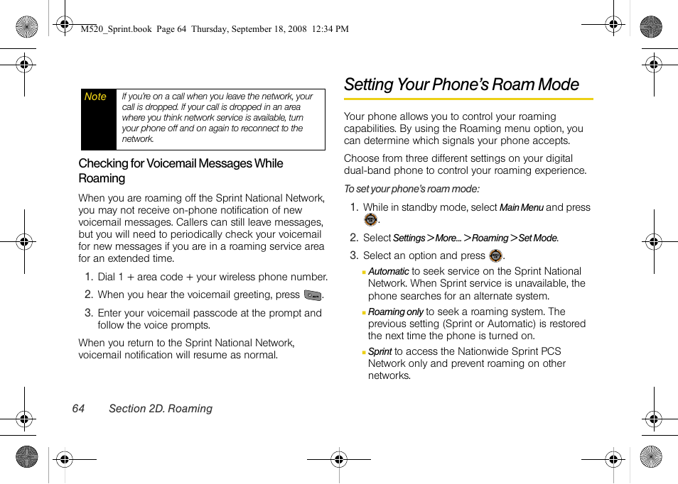 Setting your phone’s roam mode | Sprint Nextel M520 User Manual | Page 80 / 199