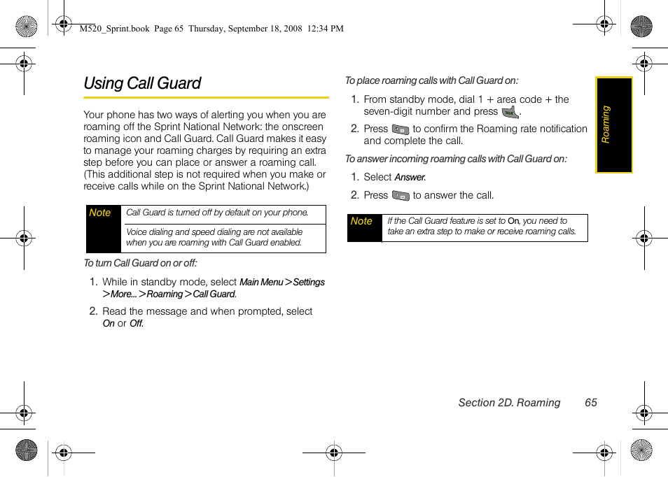 Using call guard | Sprint Nextel M520 User Manual | Page 81 / 199