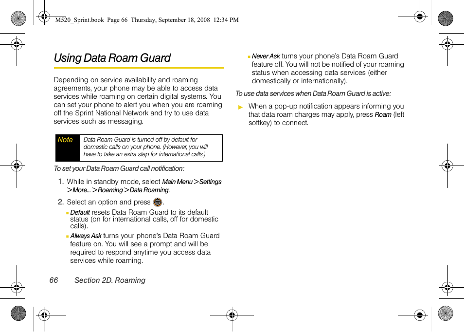 Using data roam guard | Sprint Nextel M520 User Manual | Page 82 / 199