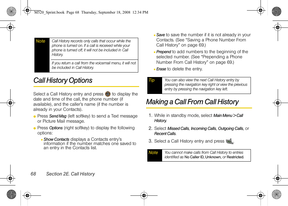 Call history options, Making a call from call history | Sprint Nextel M520 User Manual | Page 84 / 199