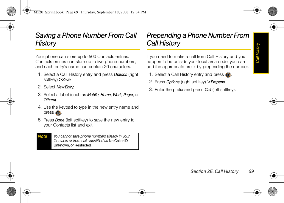 Saving a phone number from call history, Prepending a phone number from call history, Prepending a phone number from | Call history | Sprint Nextel M520 User Manual | Page 85 / 199