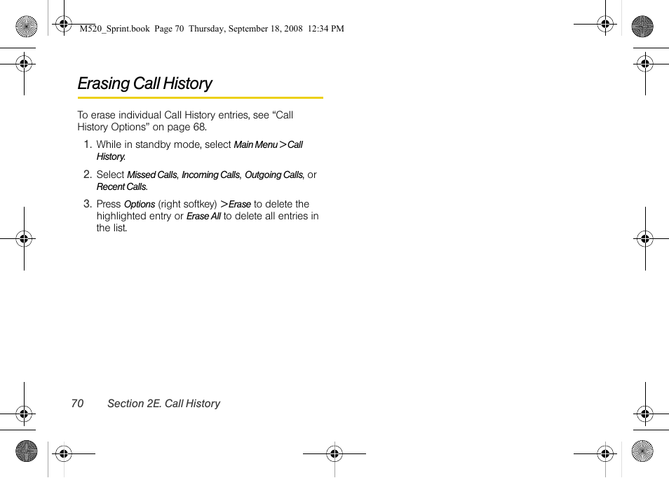 Erasing call history | Sprint Nextel M520 User Manual | Page 86 / 199