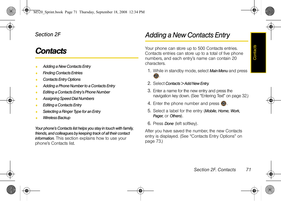 Contacts, Adding a new contacts entry, 2f. contacts | Sprint Nextel M520 User Manual | Page 87 / 199