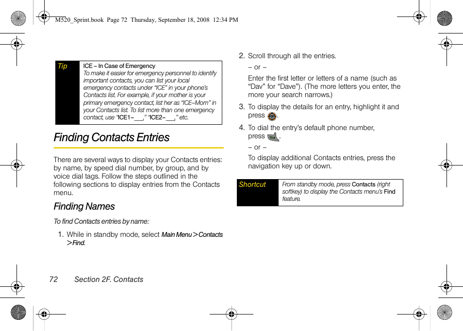 Finding contacts entries, Finding names | Sprint Nextel M520 User Manual | Page 88 / 199