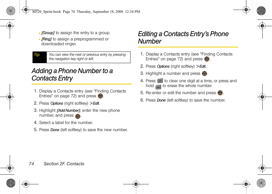 Adding a phone number to a contacts entry, Editing a contacts entry’s phone number, Adding a phone number to a | Contacts entry | Sprint Nextel M520 User Manual | Page 90 / 199
