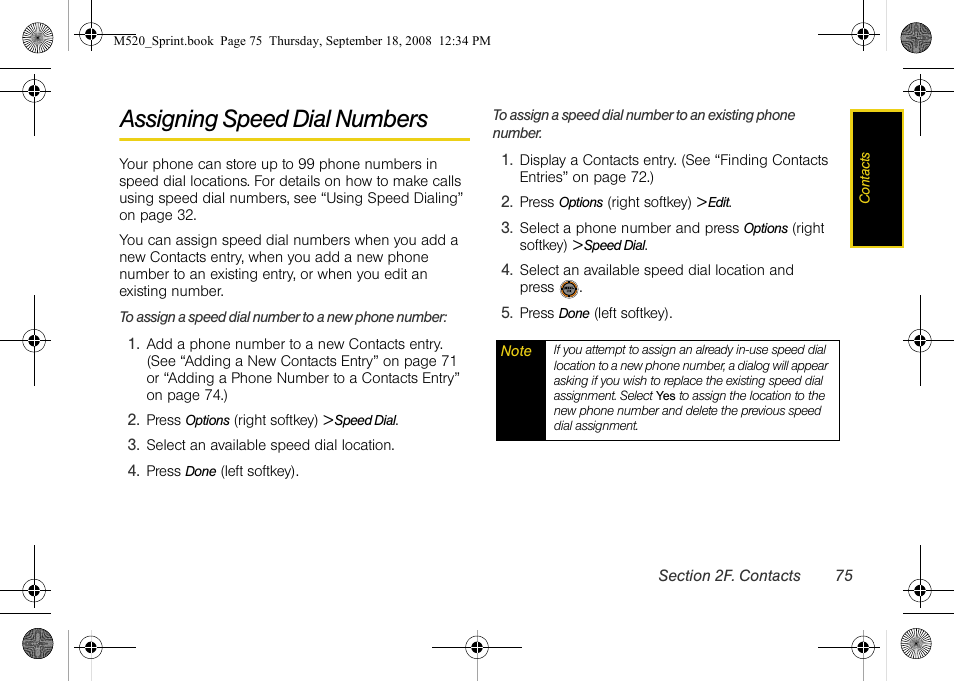 Assigning speed dial numbers | Sprint Nextel M520 User Manual | Page 91 / 199