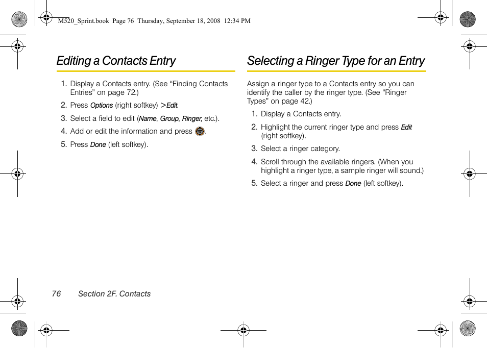 Editing a contacts entry, Selecting a ringer type for an entry | Sprint Nextel M520 User Manual | Page 92 / 199