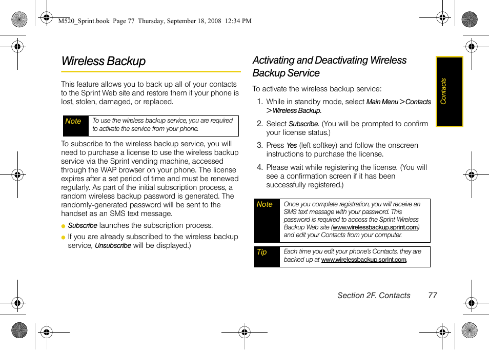 Wireless backup | Sprint Nextel M520 User Manual | Page 93 / 199