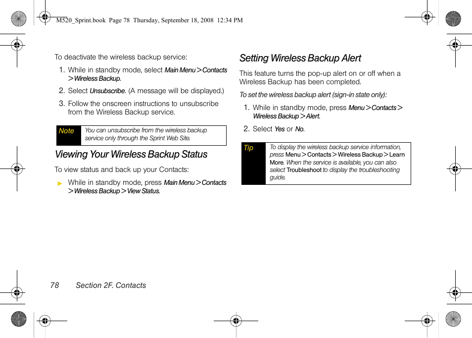 Viewing your wireless backup status, Setting wireless backup alert | Sprint Nextel M520 User Manual | Page 94 / 199