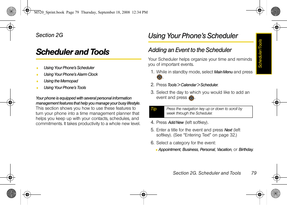 Scheduler and tools, Using your phone’s scheduler, Adding an event to the scheduler | 2g. scheduler and tools | Sprint Nextel M520 User Manual | Page 95 / 199