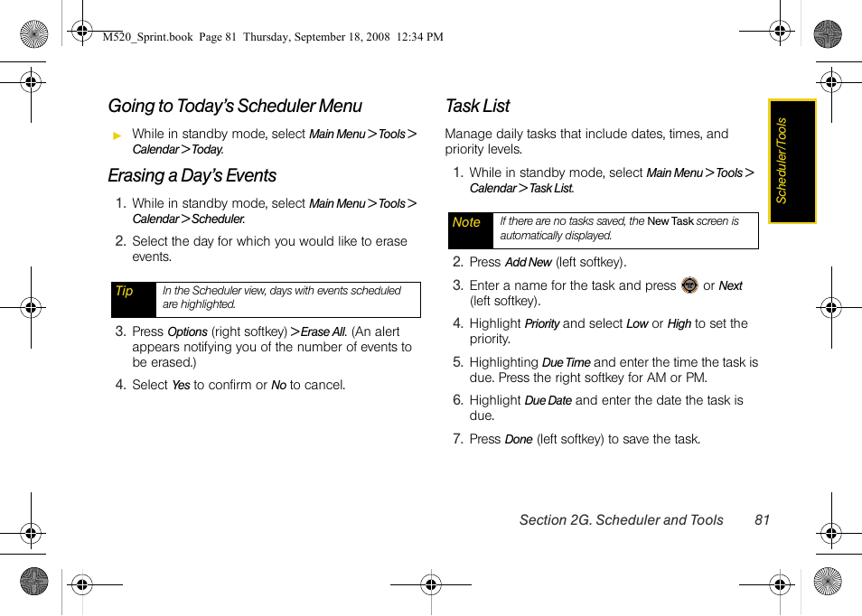 Going to today’s scheduler menu, Erasing a day’s events, Task list | Sprint Nextel M520 User Manual | Page 97 / 199