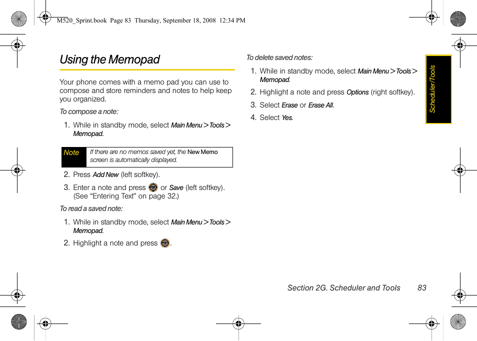 Using the memopad | Sprint Nextel M520 User Manual | Page 99 / 199