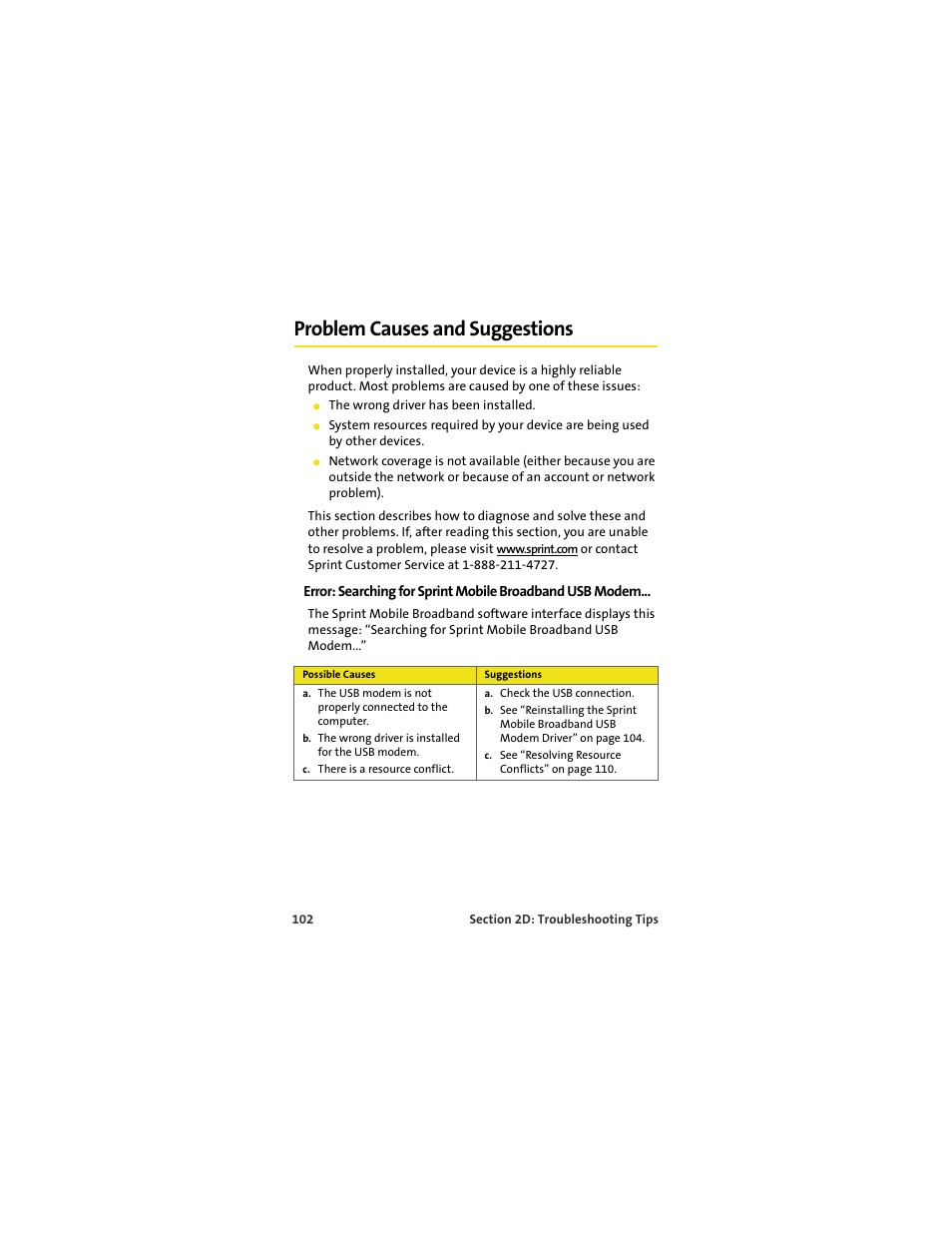 Problem causes and suggestions | Sprint Nextel U727 User Manual | Page 110 / 183