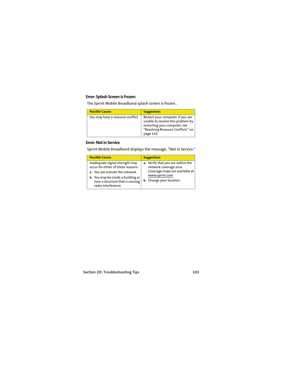 Error: splash screen is frozen, Error: not in service | Sprint Nextel U727 User Manual | Page 111 / 183