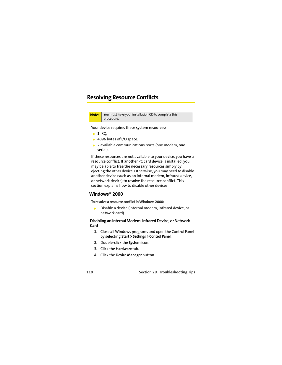 Resolving resource conflicts, Windows® 2000 | Sprint Nextel U727 User Manual | Page 118 / 183